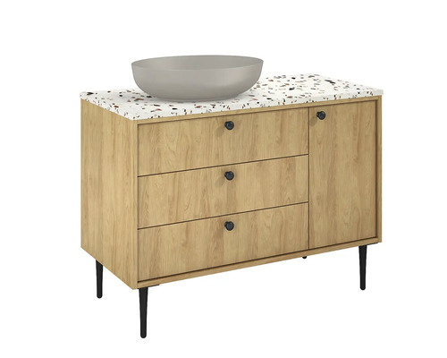 Dulap de bază pentru lavoar cu trei sertare, o ușă și un lavoar așezat deasupra