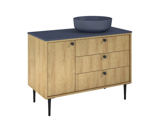 Dulap inferior de lavabo cu lavabo aplicat, aspect de lemn și trei sertare