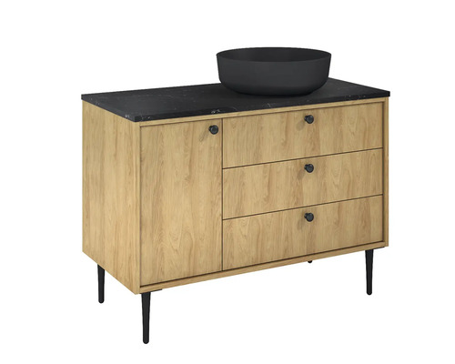 Dulap de lavoar cu trei sertare, o ușă, blat întunecat și lavoar așezat pe blat