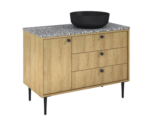 Mobilier de lavoar cu lavoar negru aplicat, o ușă și trei sertare