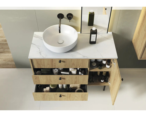 Mobilier de baie cu sertare, blat din piatră și lavoar aplicat