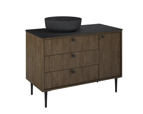 Dulap inferior de lavabo cu trei sertare, o ușă și un lavoar așezat deasupra