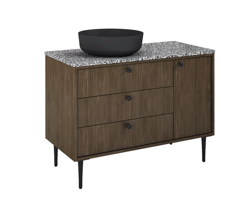 Dulap de bază pentru lavoar cu lavoar așezat, trei sertare, o ușă și picioare