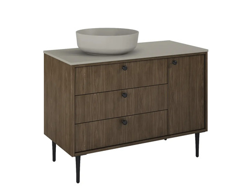 Dulap de bază pentru lavoar cu trei sertare, o ușă și un lavoar așezat pe blat