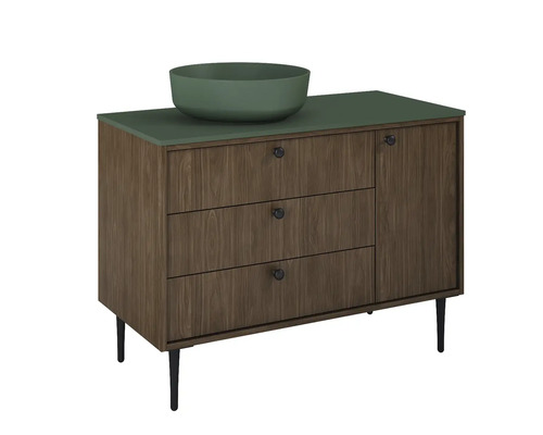 Dulap de lavoar cu trei sertare, o ușă și lavoar așezat