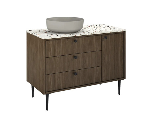 Mobilier de lavabou cu trei sertare, o ușă și lavoar așezat pe blat