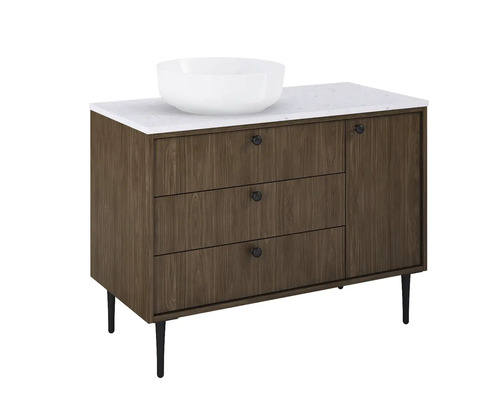 Dulap de bază pentru lavoar cu trei sertare, o ușă, un lavoar așezat și un blat de marmură