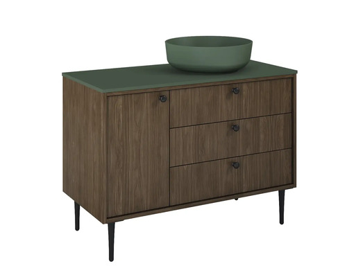 Dulap inferior pentru lavoar cu lavoar așezat, aspect de lemn cu trei sertare și o ușă