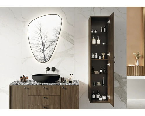 Baie cu dulap de bază pentru lavoar, lavoar aplicat, dulap cu oglindă și dulap înalt