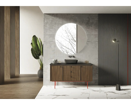 Baie cu dulap de bază pentru lavoar, oglindă rotundă și lampadar