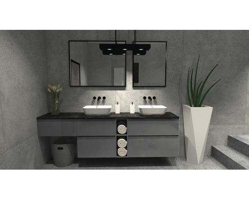 Baie modernă cu chiuvetă dublă, oglinzi și mobilier gri