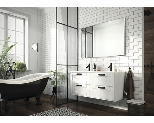 Baie cu cadă de sine stătătoare, dulap de bază pentru lavoar, oglindă și perete de sticlă