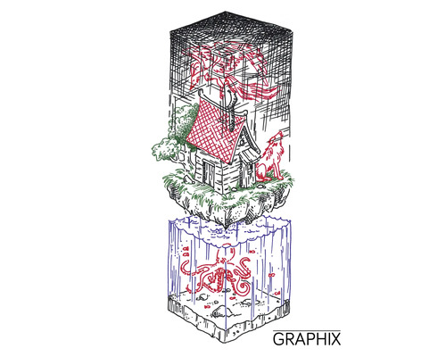 Desen cu o cabană, lup, dragoni și caracatiță în formă de cub
