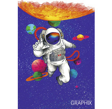 Ilustrație cu un astronaut în spațiu, cu planete și soarele