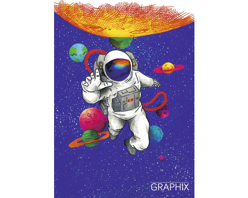 Ilustrație cu un astronaut în spațiu, cu planete și soarele