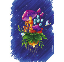 Ilustrație cu ciuperci fantastice și o libelulă