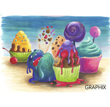 Ilustrație cu brioșe, acadele și un personaj de desene animate