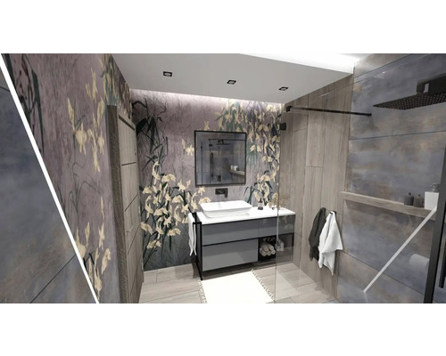 Baie modernă cu dulap sub lavoar, oglindă și duș