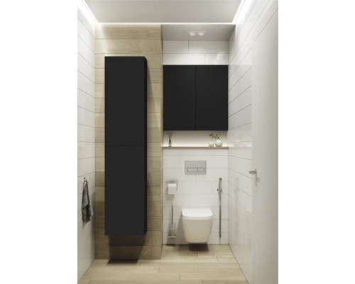 Baie modernă cu toaletă, dulap de lavoar și dulap înalt