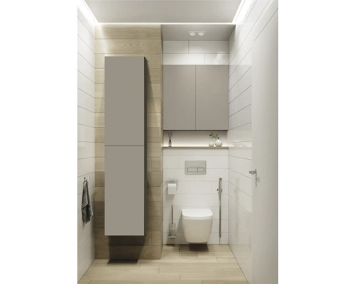 Baie modernă cu toaletă, dulap suspendat și dulap sub chiuvetă