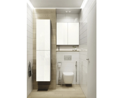 Baie modernă cu toaletă, chiuvetă, mobilier de baie și prosop