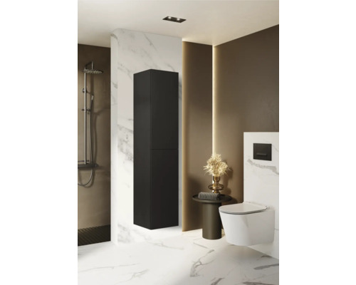 Baie modernă cu dulap înalt negru, duș și toaletă