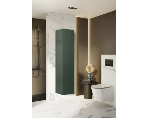 Baie cu duș, toaletă și dulap înalt și îngust