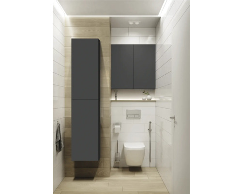 Baie modernă cu toaletă, rezervor, chiuvetă și dulapuri