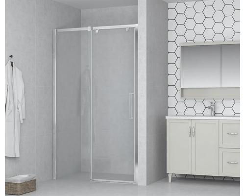 Baie cu cabină de duș, lavoar și oglindă