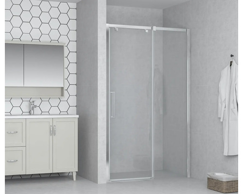 Baie modernă cu dulap inferior pentru lavoar, dulap cu oglindă și cabină de duș