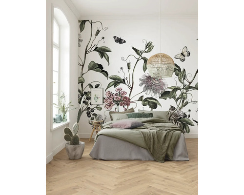 Fototapet vlies P266-VD4 Paradis de Papillons 400x250 cm Dormitor cu tapet floral, pat și plante de interior