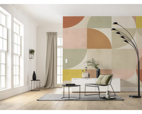 Fototapet vlies P271-VD4 Memory Reserve 400x250 cm Living cu design geometric pe perete, lampadar, covor, masă și scaun