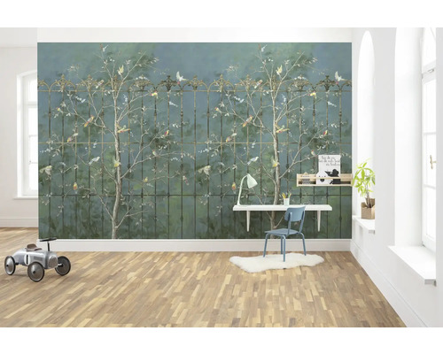 Fototapet vlies P272-VD4 Birdsong Breeze 400x250 cm Cameră cu tapet cu model, birou și mașină de jucărie