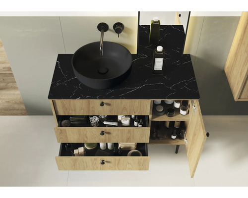 Dulap de baie cu lavoar negru aplicat, sertare și ușă de dulap