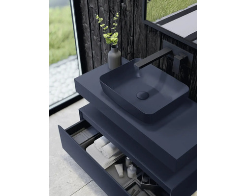 Dulap de lavoar cu lavoar aplicat, baterie și sertar deschis într-un design modern