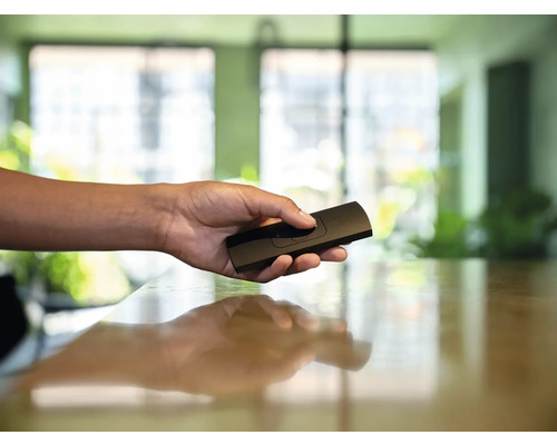 O mână ține o telecomandă neagră.