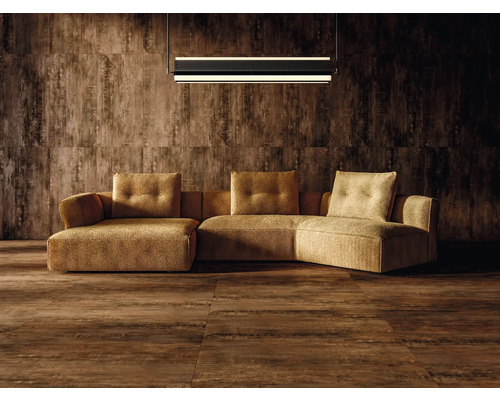 Living cu canapea, plăci de perete și de podea cu aspect de lemn