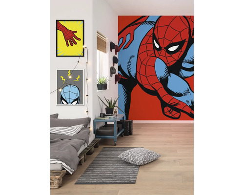 Dormitor cu pictură murală Spiderman, pat, covor și decorațiuni