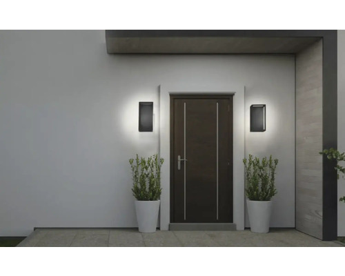 Zona de intrare cu ușă de intrare și două lămpi de perete