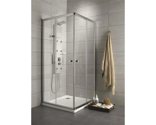 Set cabină de duș pătrată Radaway Premium C800 cu cădiță de duș si sifon, 80x80 cm, sticlă transparentă, profil crom