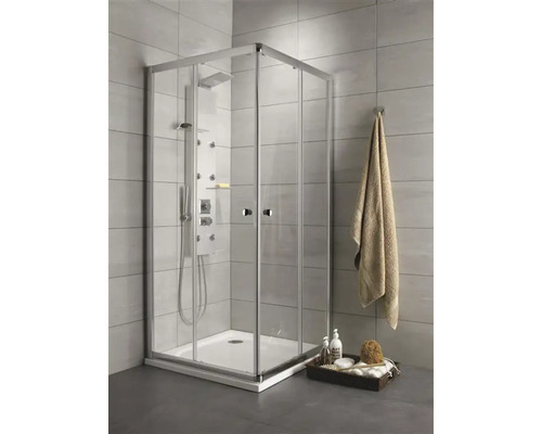 Set cabină de duș pătrată Radaway Premium C900 cu cădiță de duș si sifon, 90x90 cm, sticlă transparentă, profil crom