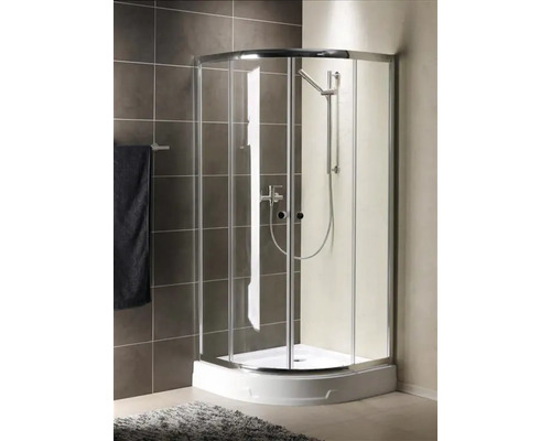 Set cabină de duș semirotundă Radaway Premium A900 cu cădiță de duș și sifon, 90x90 cm, sticlă transparentă, profil crom