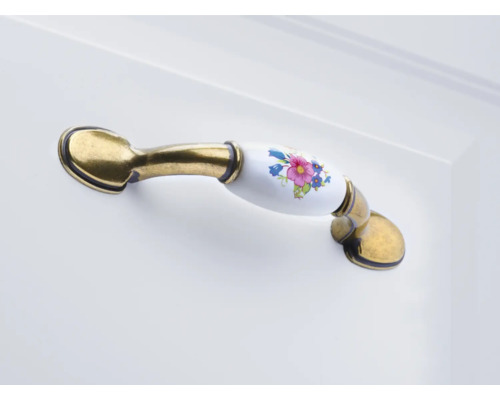 Mâner de mobilă din metal și ceramică cu motiv floral
