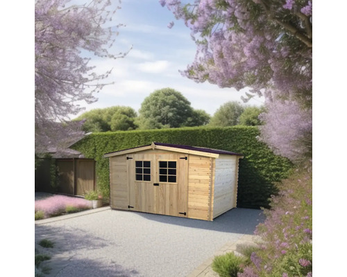 Casă de grădină din lemn cu ferestre și ușă în grădină