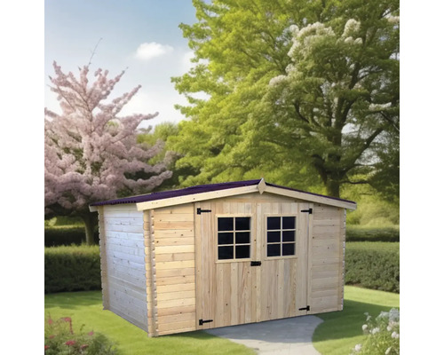 Casă de grădină din lemn cu două ferestre și acoperiș în două ape în grădină