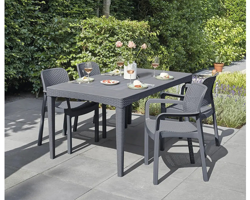 Scenă de grădină cu masă și patru scaune pe o terasă