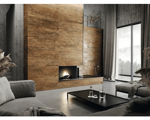 Living cu canapea, măsuță de cafea, șemineu și perete cu gresie