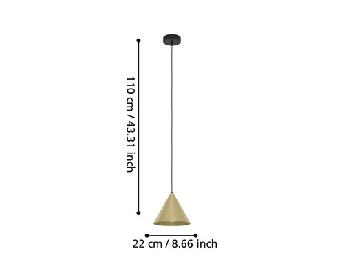 Lumină suspendată cu abajur conic și dimensiunile de 110 cm lungime și 22 cm diametru