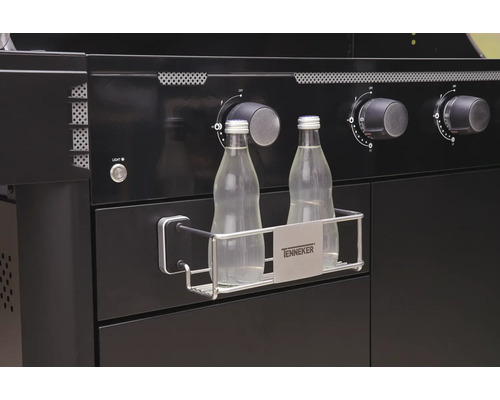 Imagine detaliată a unui grătar negru cu suport pentru sticle și două sticle de sticlă