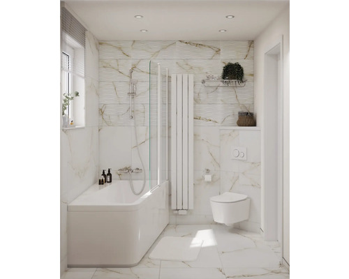 Baie luminoasă cu cadă, paravan de duș, radiator, toaletă și gresie de marmură